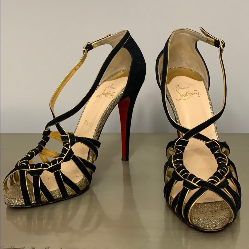 Christian Louboutin Black and Gold Strappy Heels
